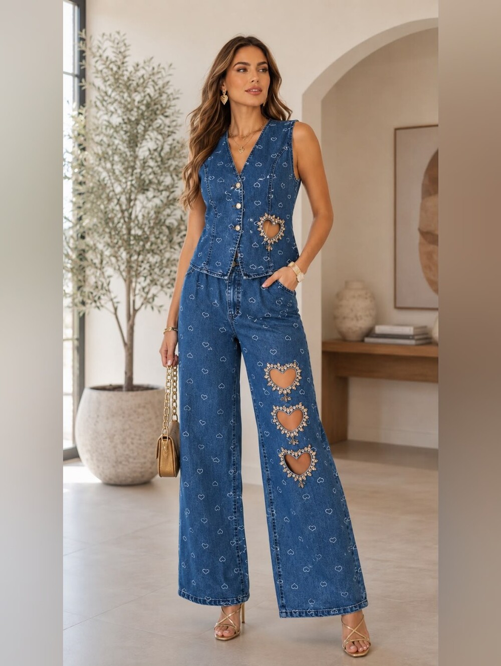 LC Denim Embellished Rhinestone Heart Cutout Denim Vest Set